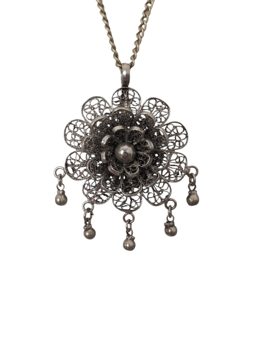 Silver Tone Brooch Style Necklace Flower Silver Tone